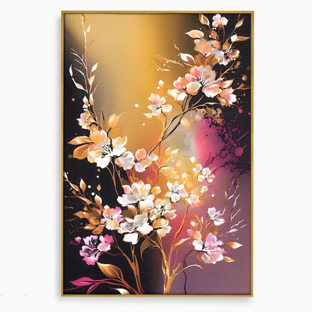Tablou canvas cu pictura verticala cu ramura inflorita, in rama de aluminiu auriu