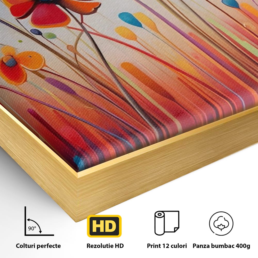 Detaliu al suprafetei: pictura abstracta cu flori colorate, in rama de aluminiu auriu