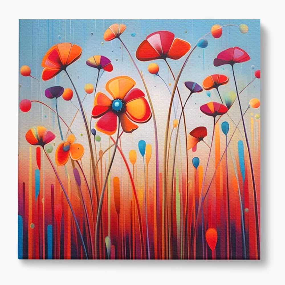 Tablou canvas cu pictura abstracta cu flori colorate, fara rama, pe sasiu de lemn