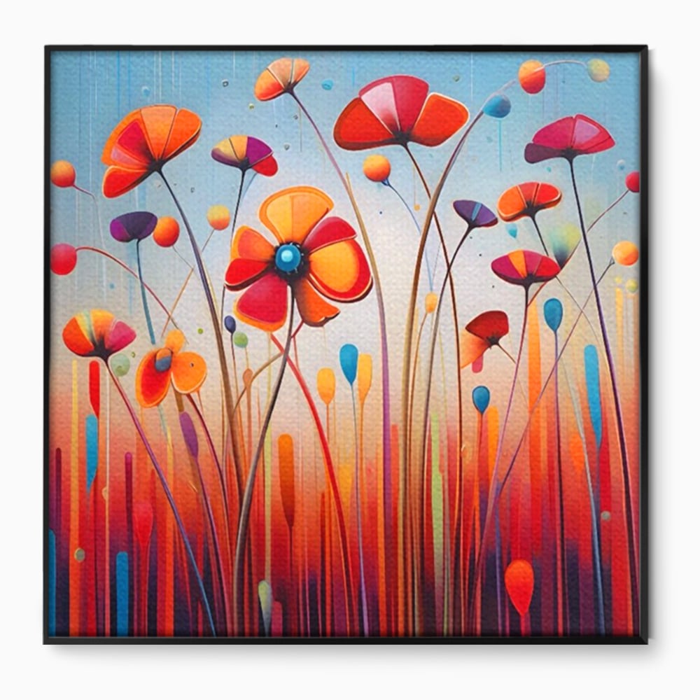Tablou canvas cu pictura abstracta cu flori colorate, in rama de aluminiu negru
