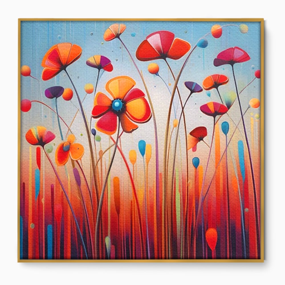 Tablou canvas cu pictura abstracta cu flori colorate, in rama de aluminiu auriu