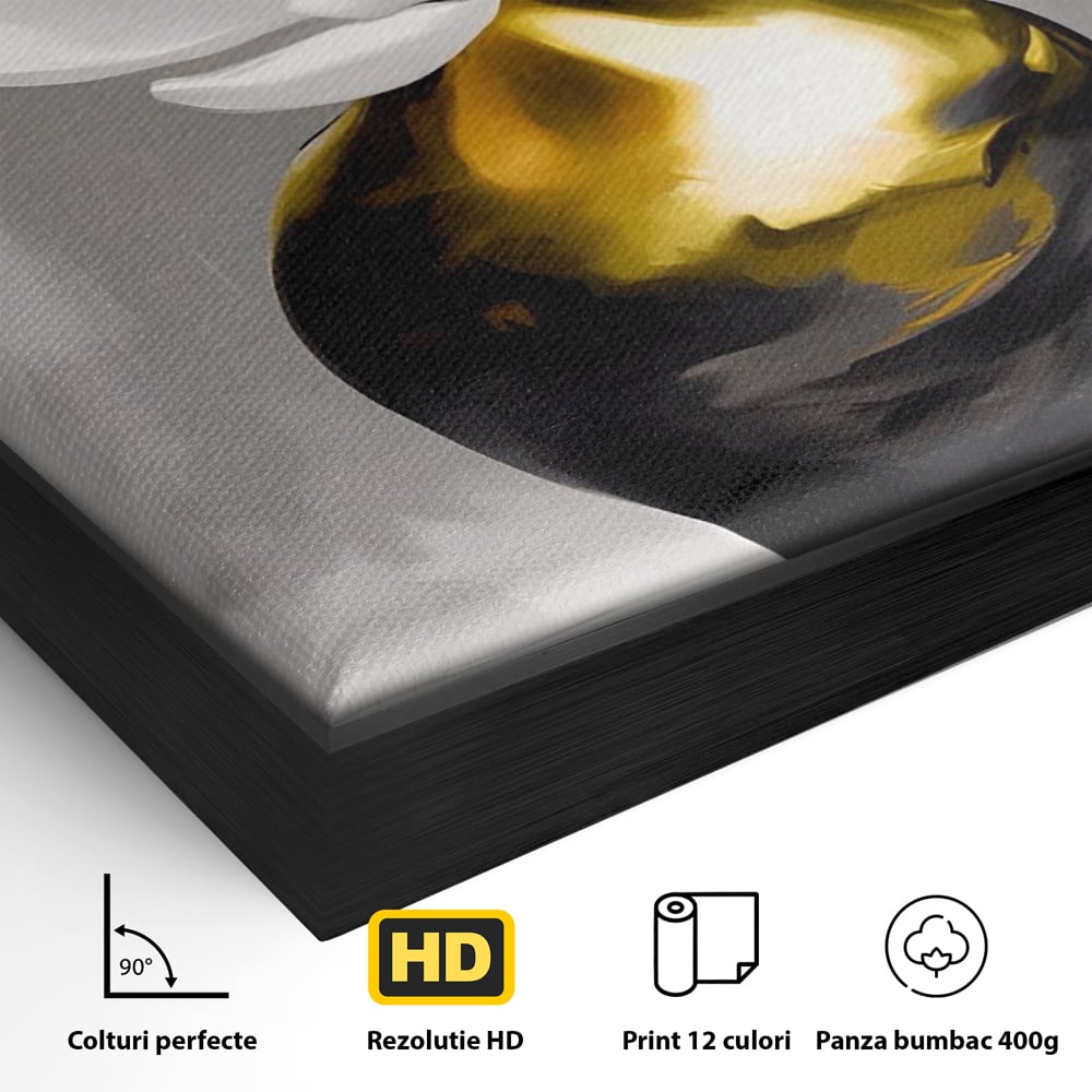 Detaliu al suprafetei: tablou canvas cu floare si vaza aurie, in rama de aluminiu negru