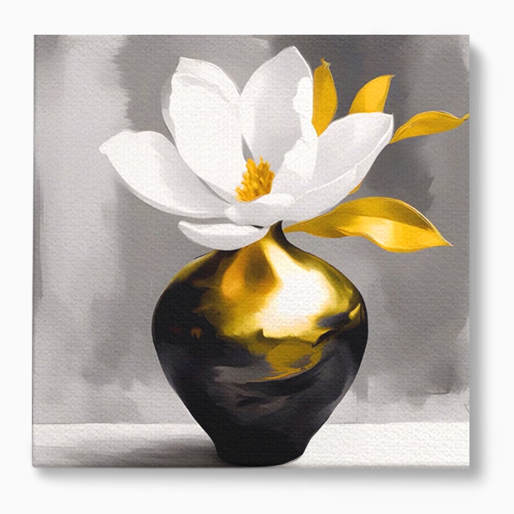 Tablou canvas cu tablou canvas cu floare si vaza aurie, fara rama, pe sasiu de lemn