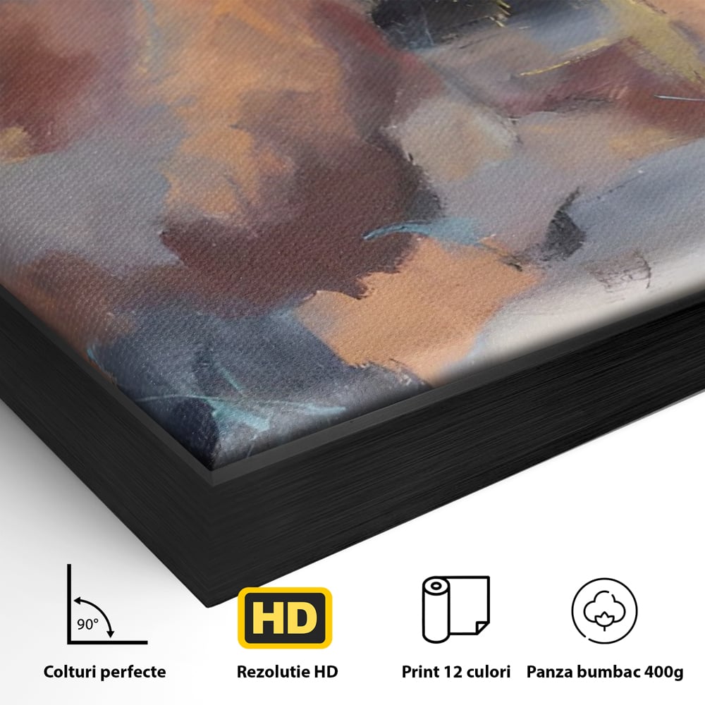 Detaliu al suprafetei: pictura abstracta patrata cu maro, in rama de aluminiu negru
