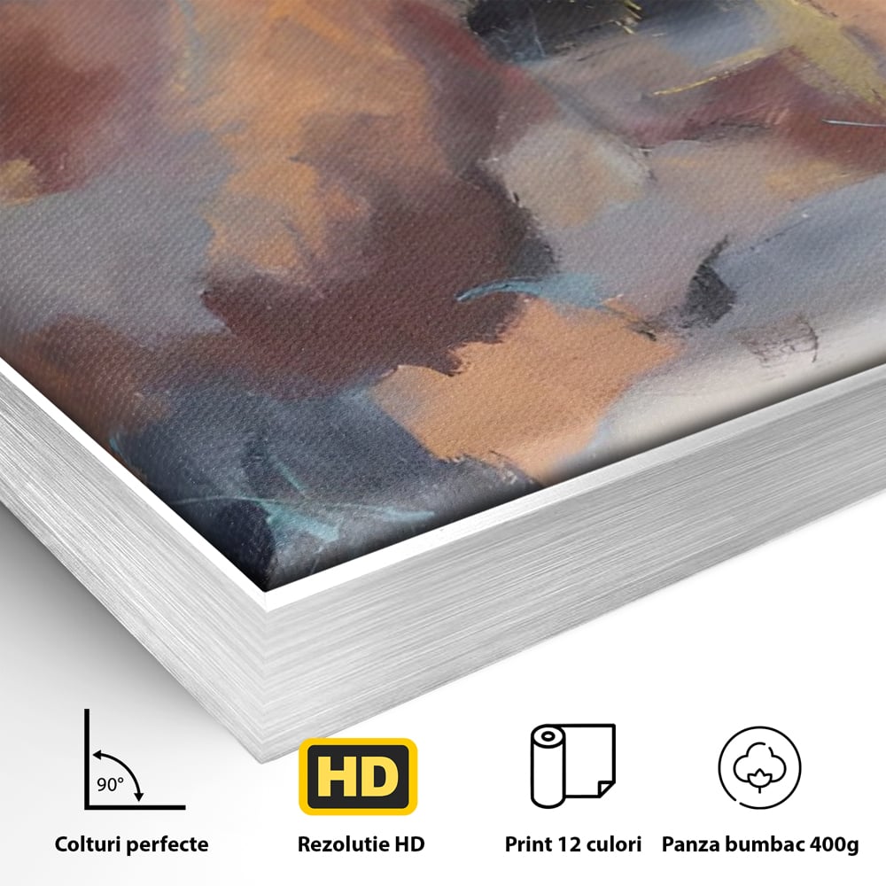 Detaliu al suprafetei: pictura abstracta patrata cu maro, in rama de aluminiu argintiu