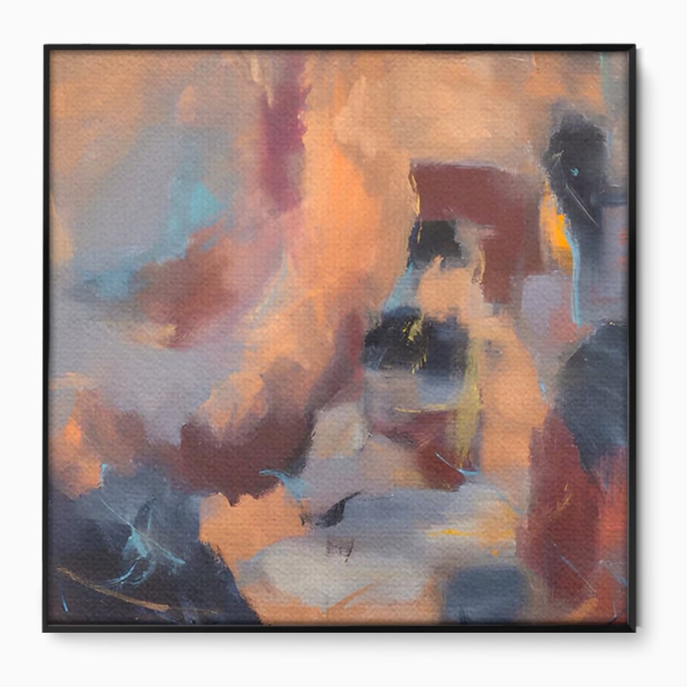 Tablou canvas cu pictura abstracta patrata cu maro, in rama de aluminiu negru