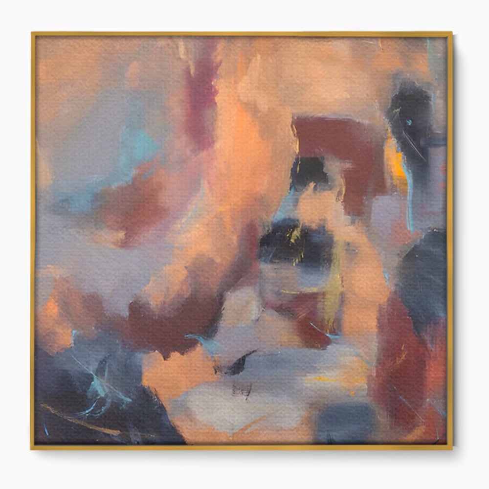 Tablou canvas cu pictura abstracta patrata cu maro, in rama de aluminiu auriu