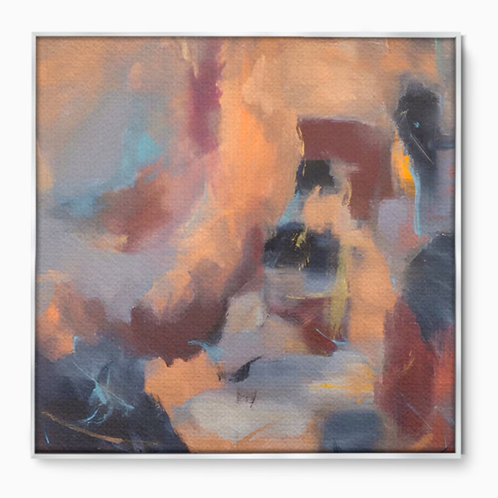 Tablou canvas cu pictura abstracta patrata cu maro, in rama de aluminiu argintiu
