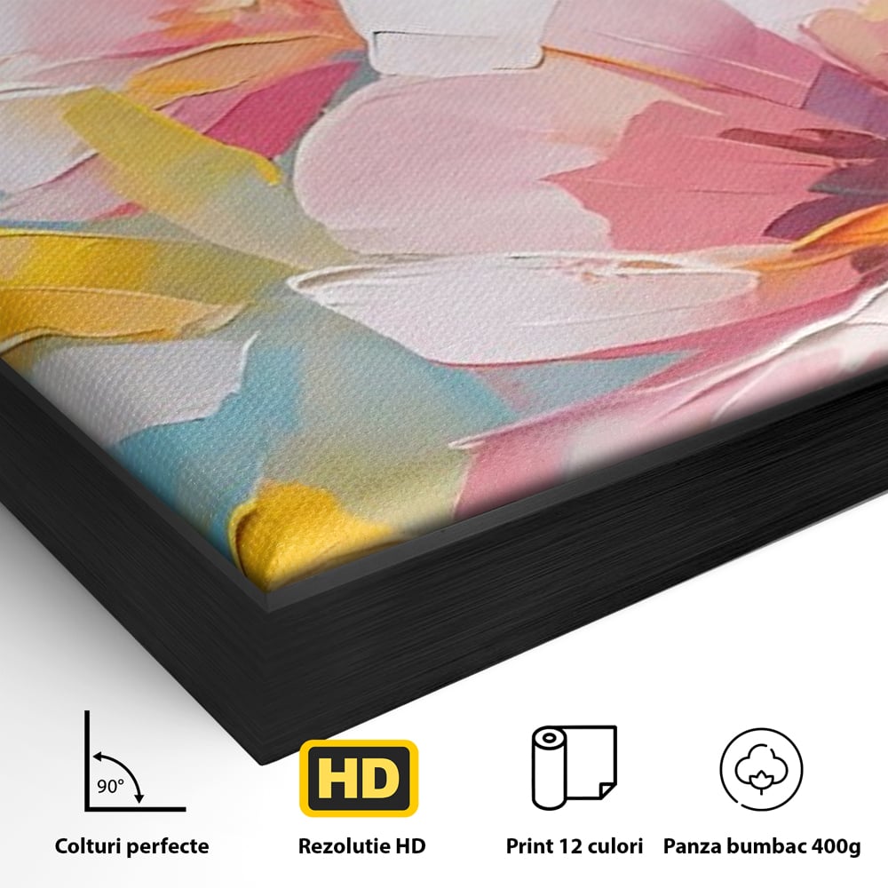 Detaliu al suprafetei: tablou canvas cu flori roz, in rama de aluminiu negru