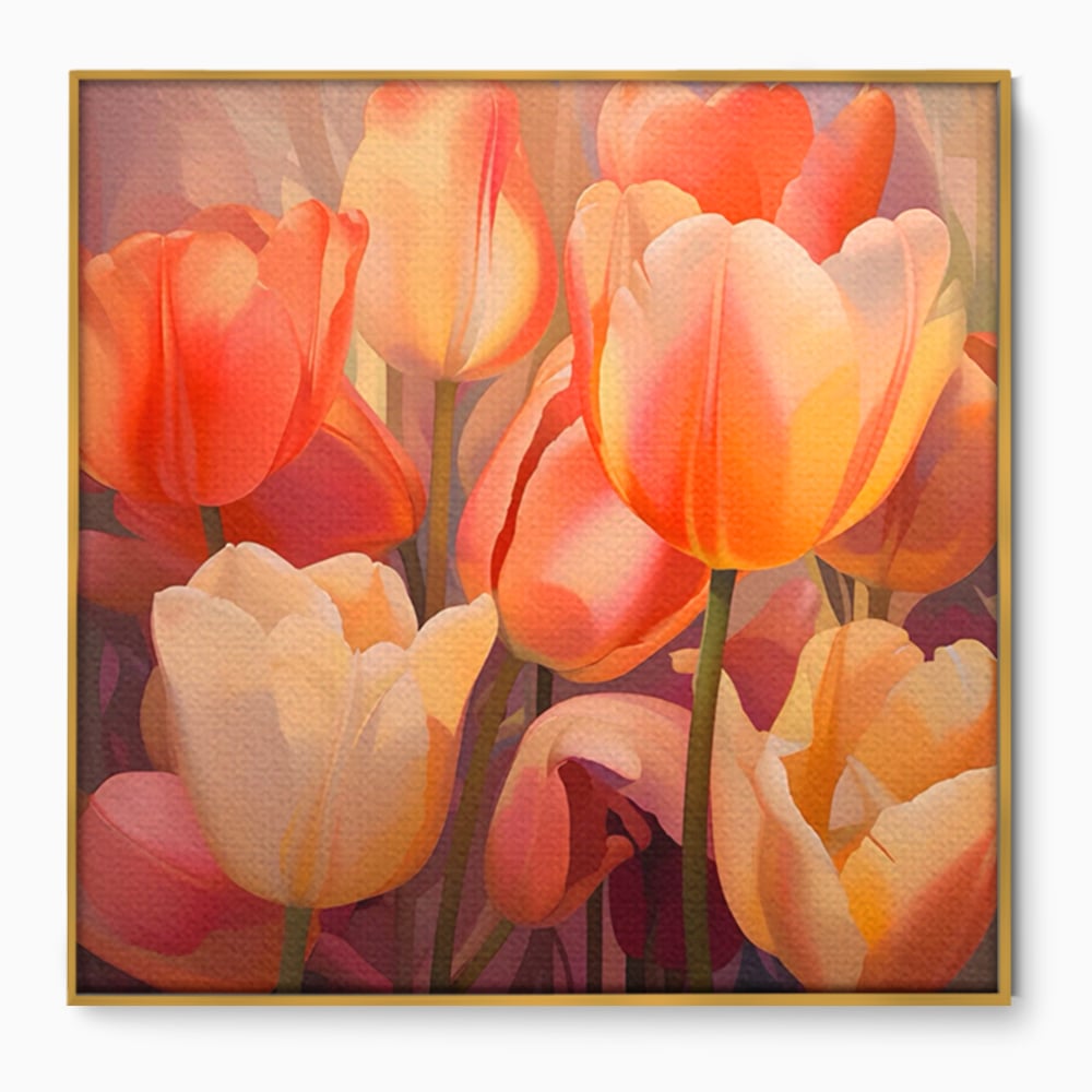 Tablou canvas cu pictura patrata cu lalele in culori calde, in rama de aluminiu auriu
