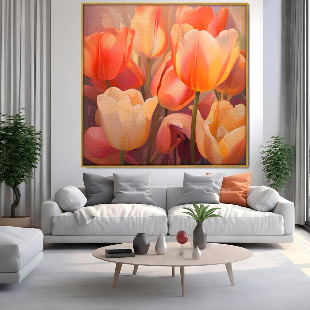 Tablou canvas cu pictura patrata cu lalele in culori calde, in rama de aluminiu auriu, pe perete intr-un living