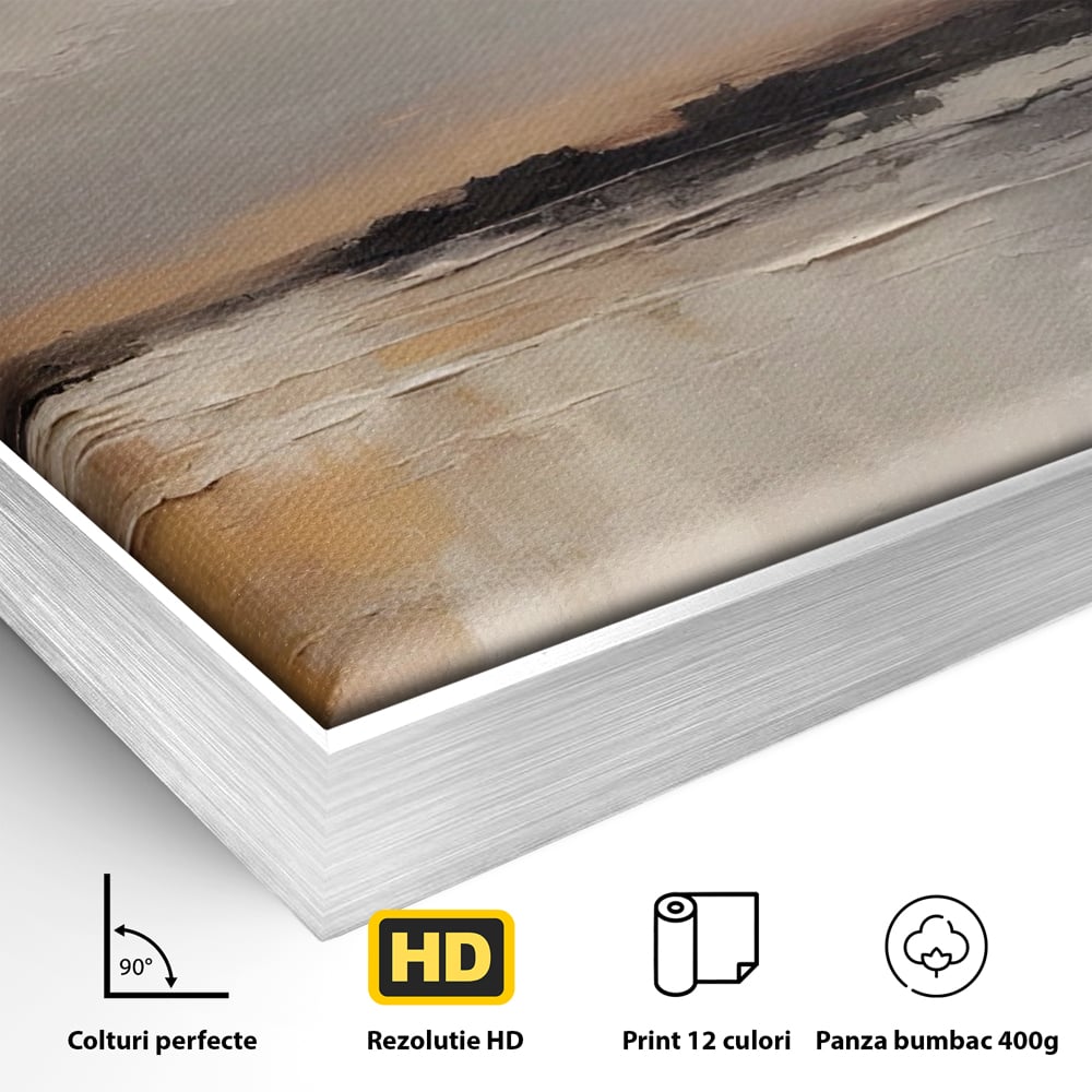 Detaliu al suprafetei: tablou pictat cu peisaj de apa, in rama de aluminiu argintiu