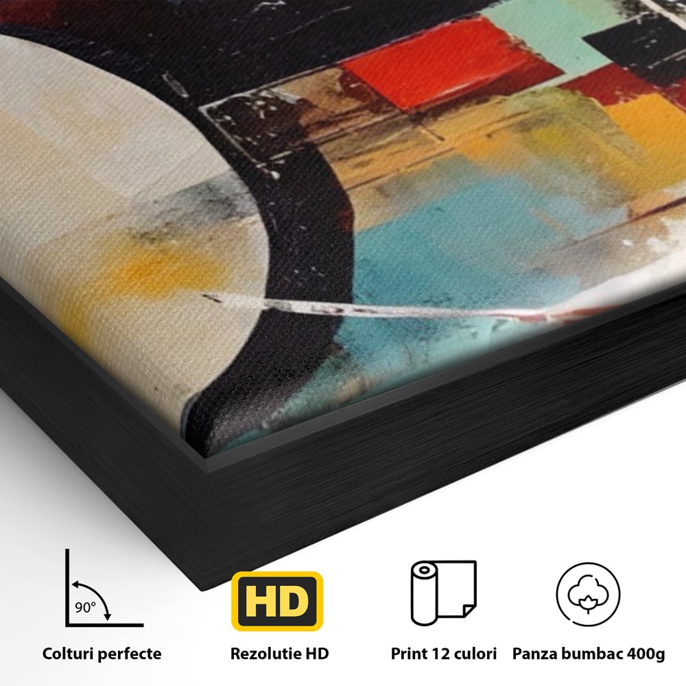 Detaliu al suprafetei: pictura abstracta cu cercuri si linii, in rama de aluminiu negru