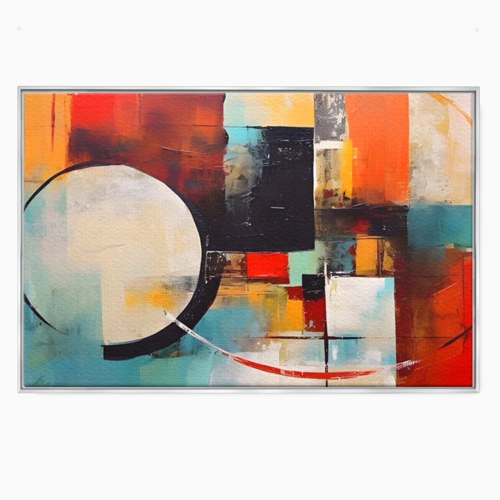 Tablou canvas cu pictura abstracta cu cercuri si linii, in rama de aluminiu argintiu