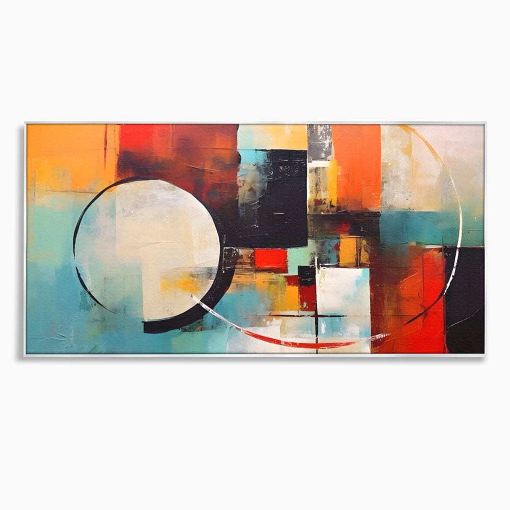 Tablou canvas cu pictura abstracta cu cercuri si linii, in rama de aluminiu argintiu
