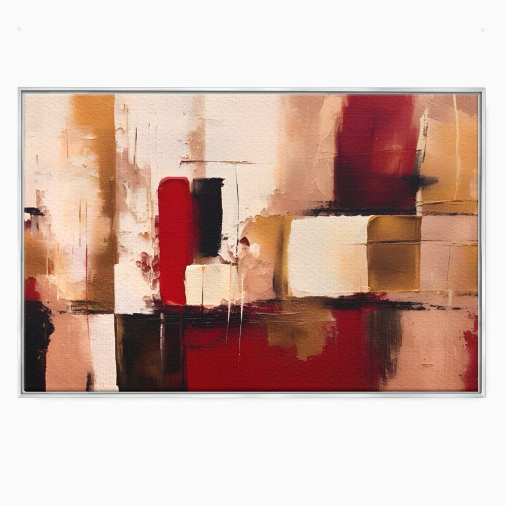Tablou canvas cu pictura abstracta cu patrate rosii si bej, in rama de aluminiu argintiu