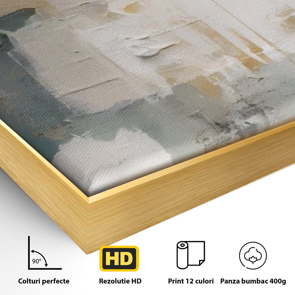 Detaliu al suprafetei: pictura abstracta cu texturi alb, gri si turcoaz, in rama de aluminiu auriu