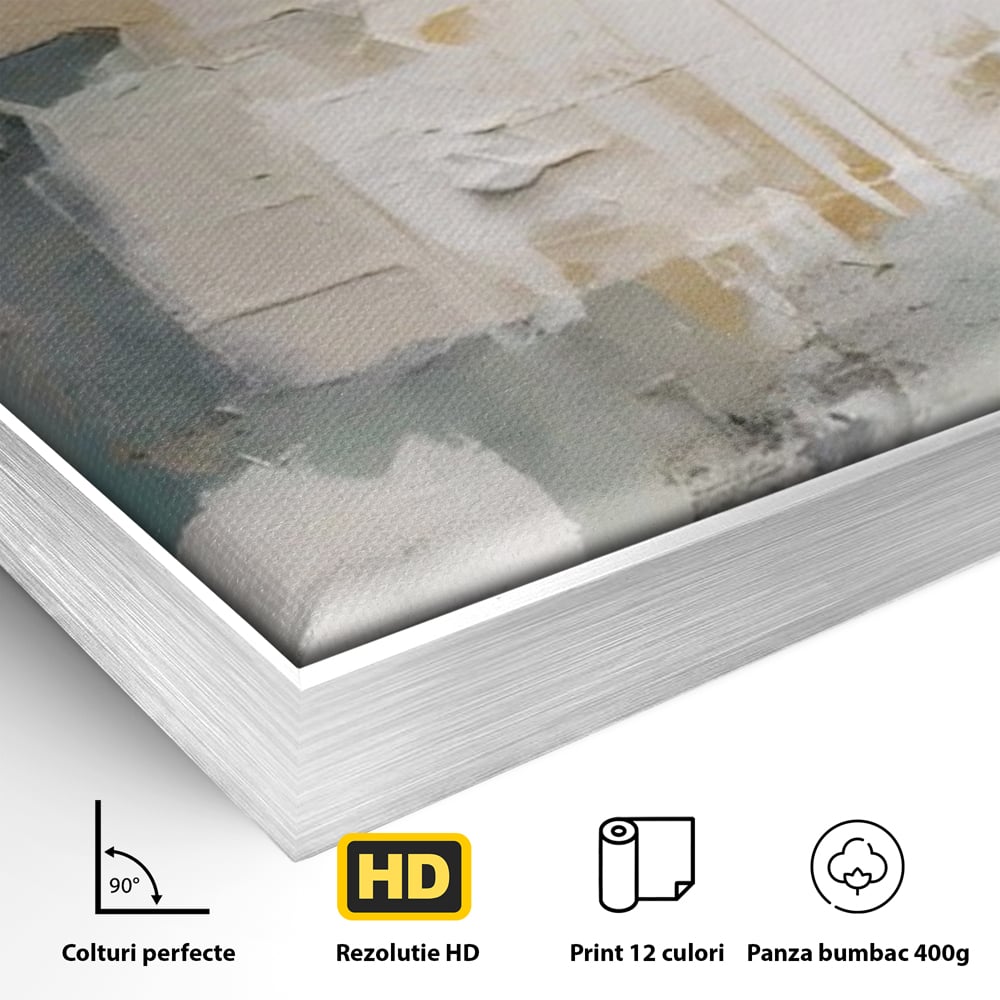 Detaliu al suprafetei: pictura abstracta cu texturi alb, gri si turcoaz, in rama de aluminiu argintiu