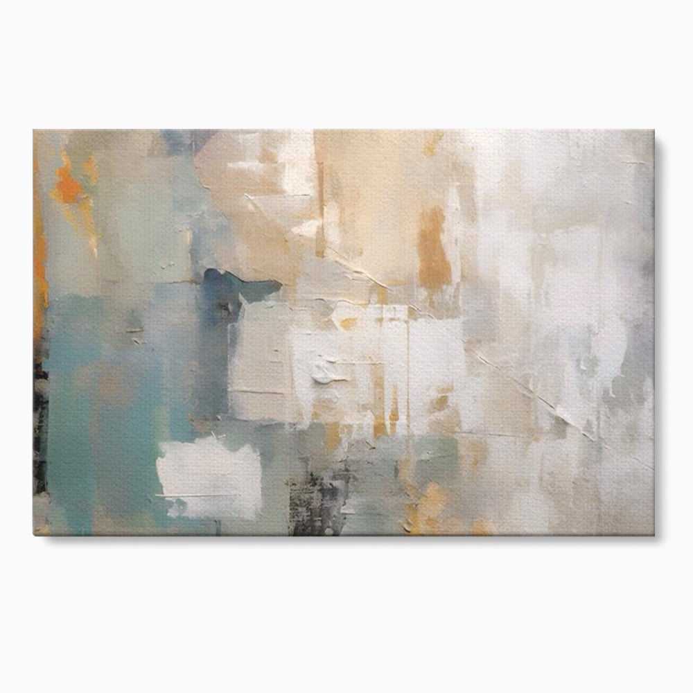Tablou canvas cu pictura abstracta cu texturi alb, gri si turcoaz, fara rama, pe sasiu de lemn