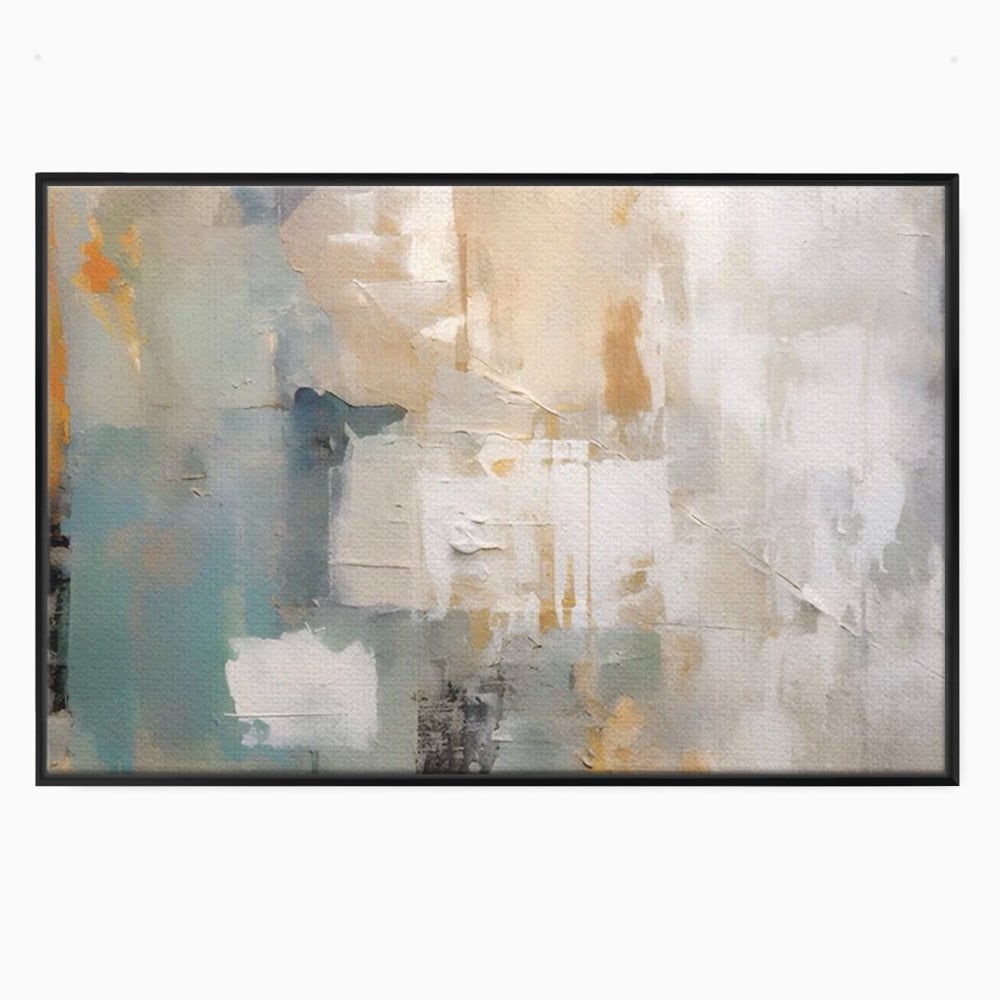 Tablou canvas cu pictura abstracta cu texturi alb, gri si turcoaz, in rama de aluminiu negru