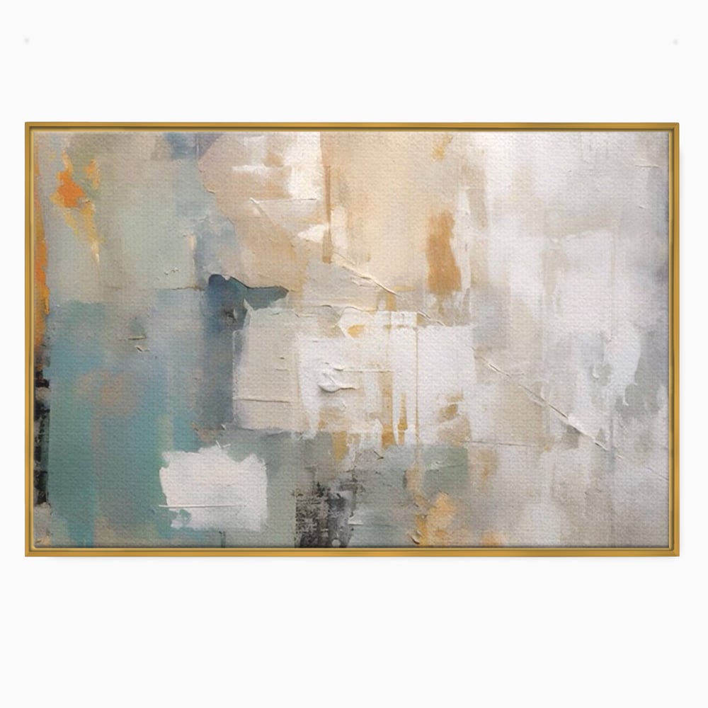 Tablou canvas cu pictura abstracta cu texturi alb, gri si turcoaz, in rama de aluminiu auriu