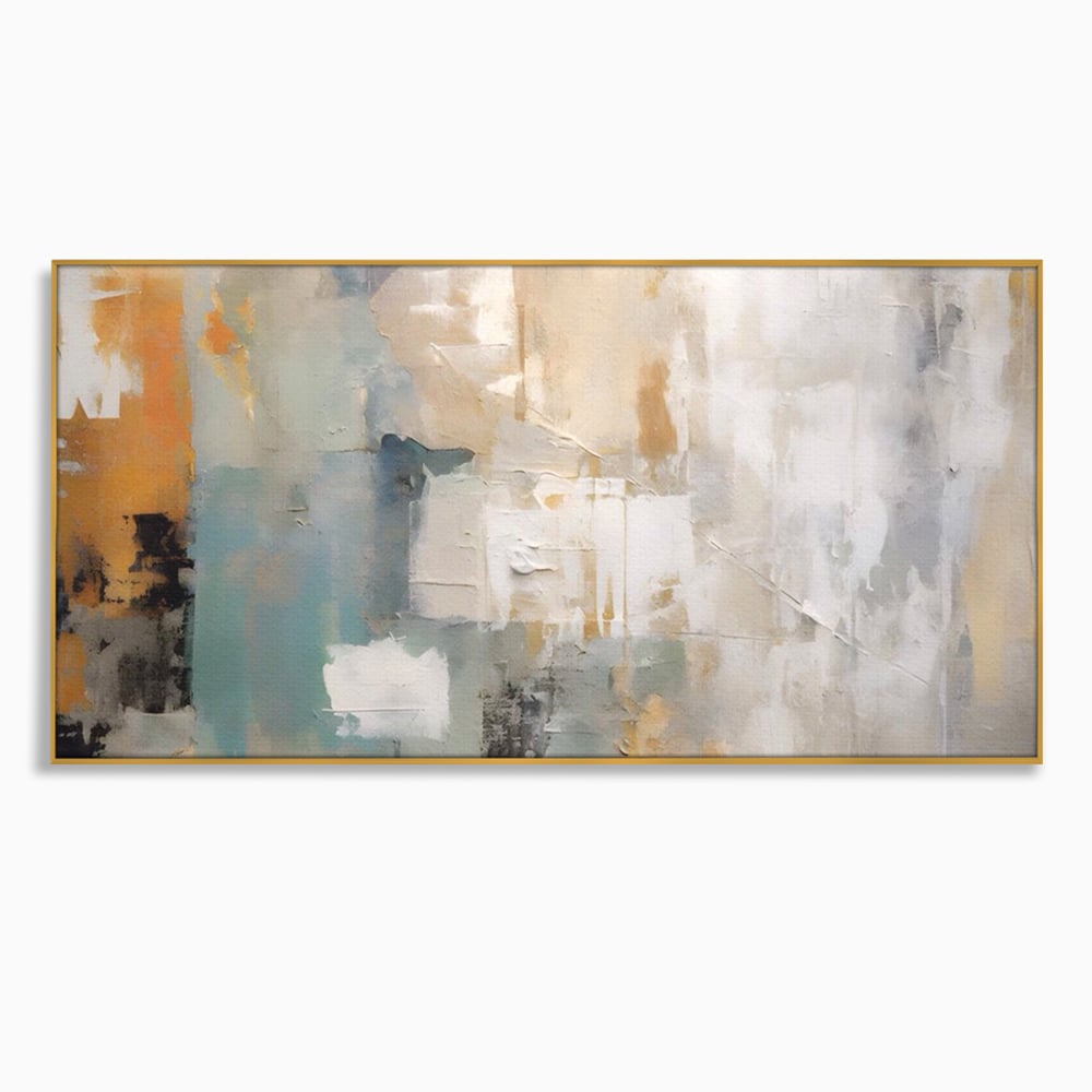 Tablou canvas cu pictura abstracta cu texturi alb, gri si turcoaz, in rama de aluminiu auriu