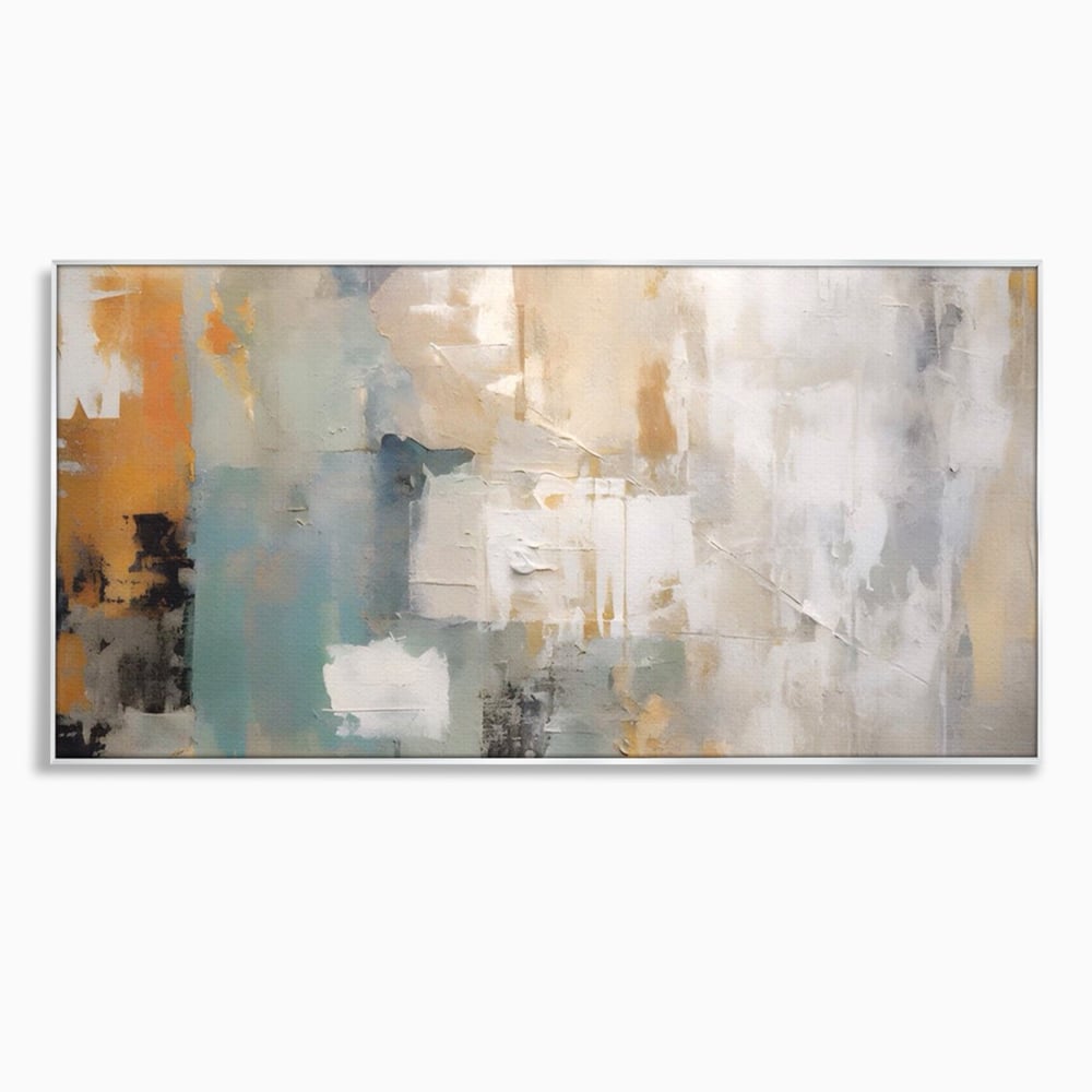 Tablou canvas cu pictura abstracta cu texturi alb, gri si turcoaz, in rama de aluminiu argintiu