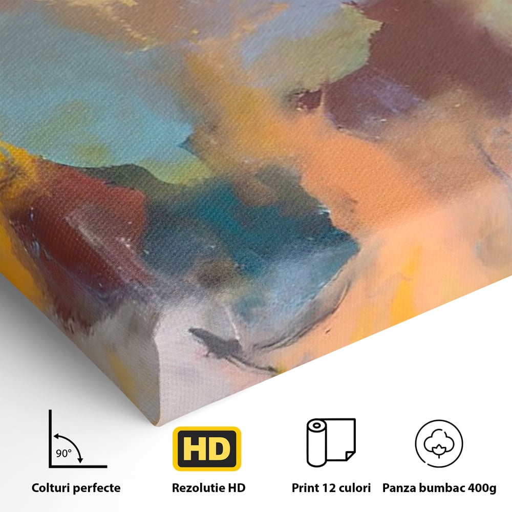 Detaliu al suprafetei: pictura abstracta cu pete colorate verticale, fara rama, pe sasiu de lemn