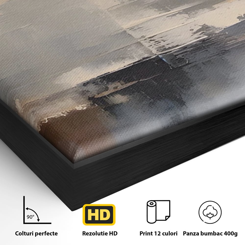 Detaliu al suprafetei: pictura abstracta cu peisaj orizonal, in rama de aluminiu negru