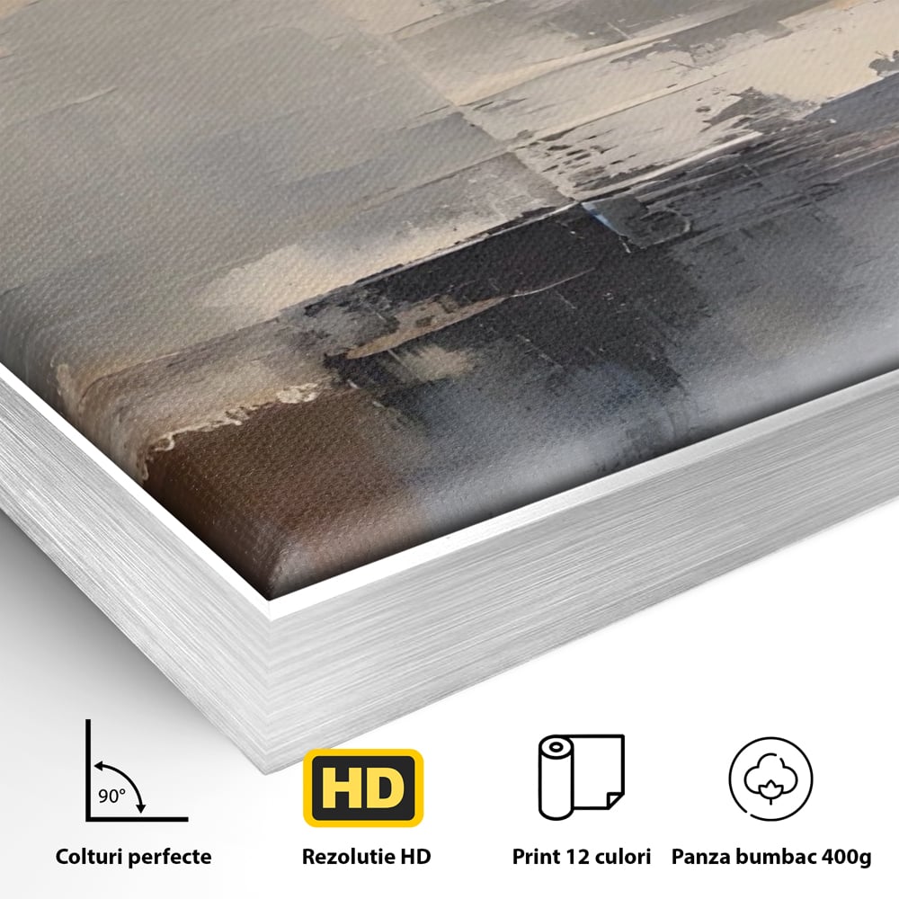 Detaliu al suprafetei: pictura abstracta cu peisaj orizonal, in rama de aluminiu argintiu