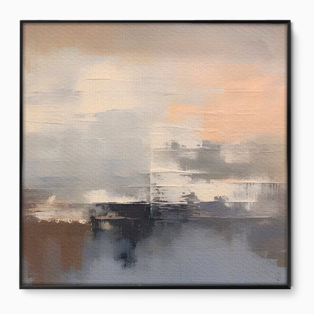 Tablou canvas cu pictura abstracta cu peisaj orizonal, in rama de aluminiu negru