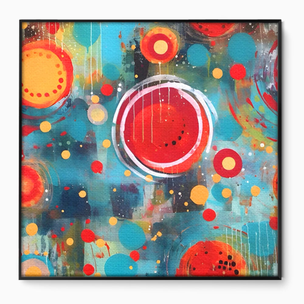 Tablou canvas cu pictura abstracta cu cercuri rosii si galbene, in rama de aluminiu negru
