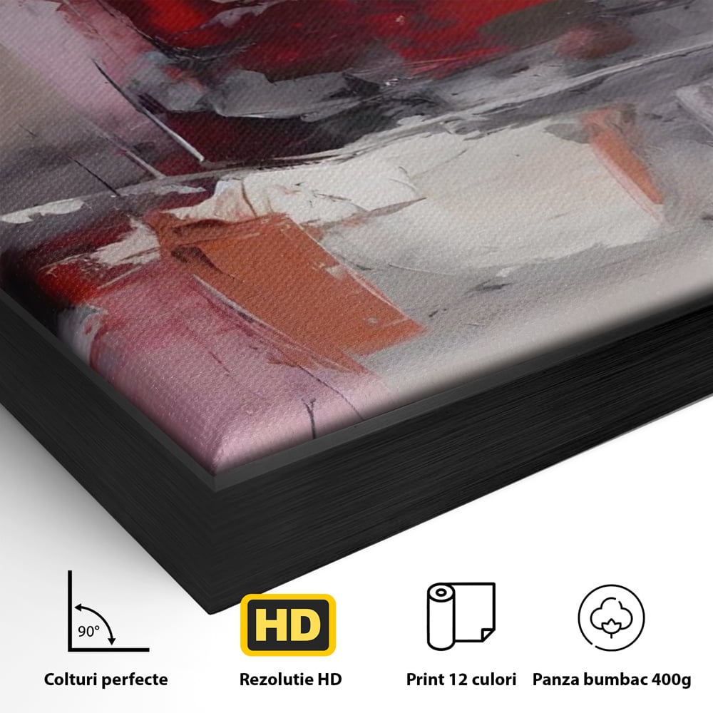 Detaliu al suprafetei: pictura abstracta cu blocuri rosii si gri, in rama de aluminiu negru