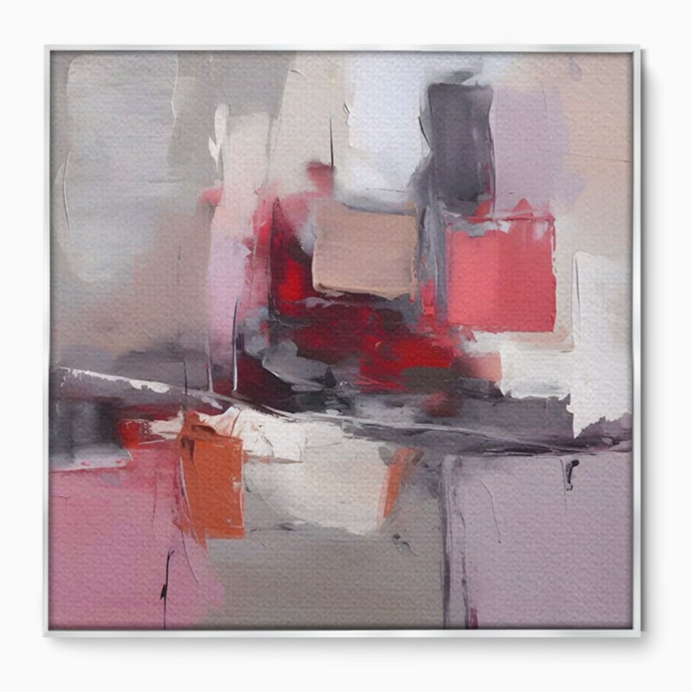 Tablou canvas cu pictura abstracta cu blocuri rosii si gri, in rama de aluminiu argintiu