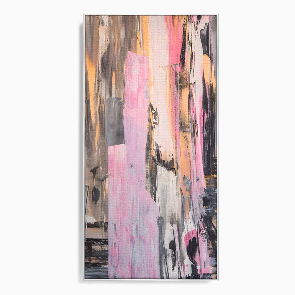 Tablou canvas cu pictura abstracta cu dungi roz, in rama de aluminiu argintiu