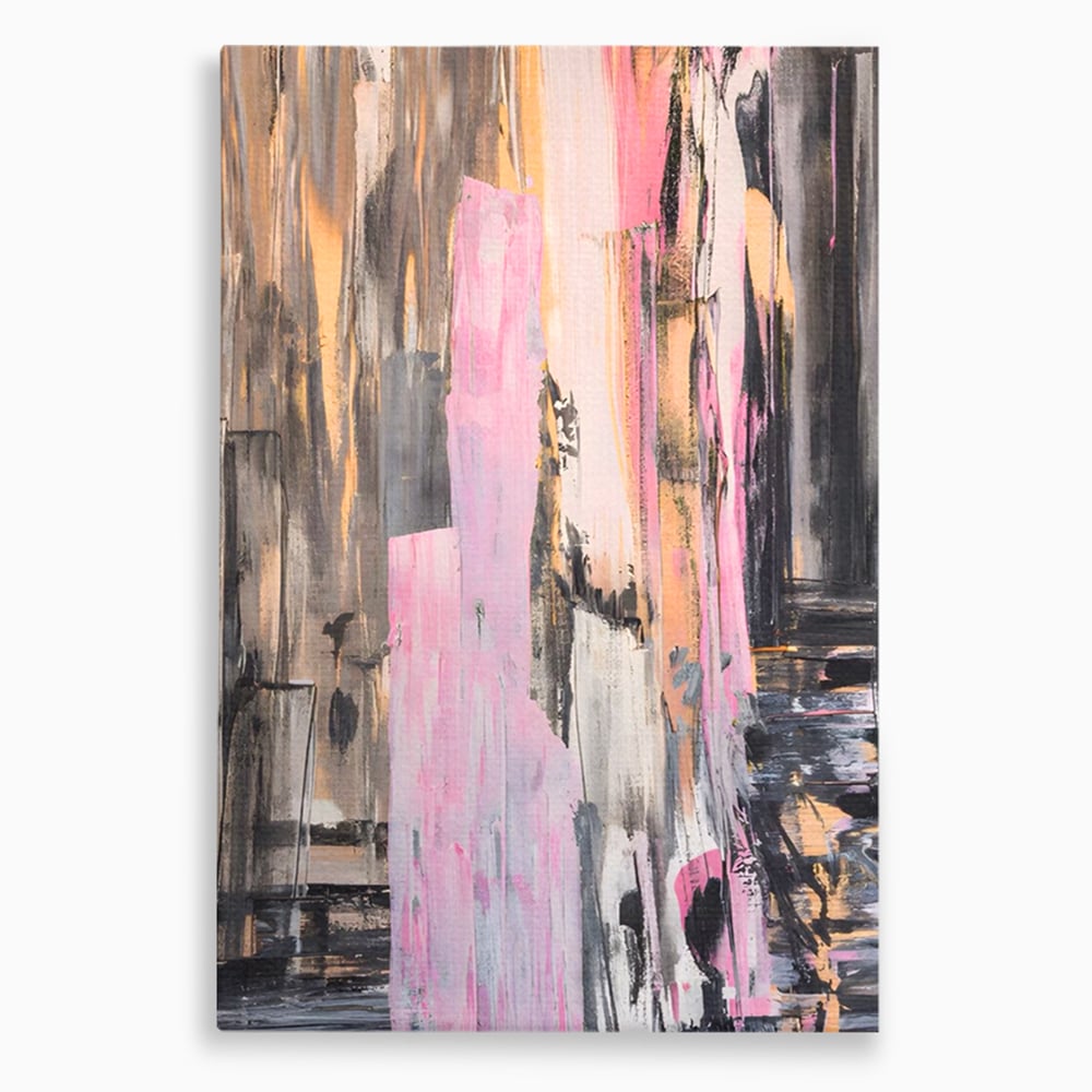 Tablou canvas cu pictura abstracta cu dungi roz, fara rama, pe sasiu de lemn