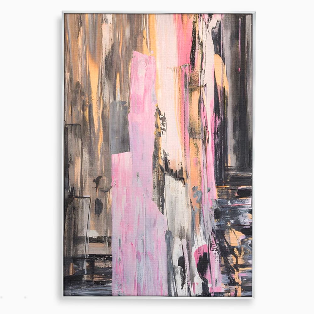 Tablou canvas cu pictura abstracta cu dungi roz, in rama de aluminiu argintiu