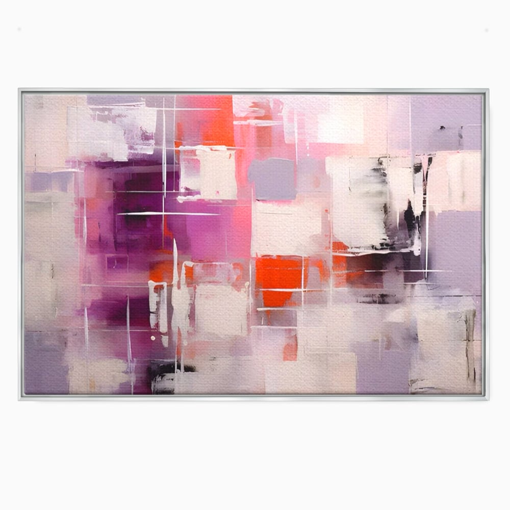 Tablou canvas cu pictura abstracta cu pete mov, in rama de aluminiu argintiu