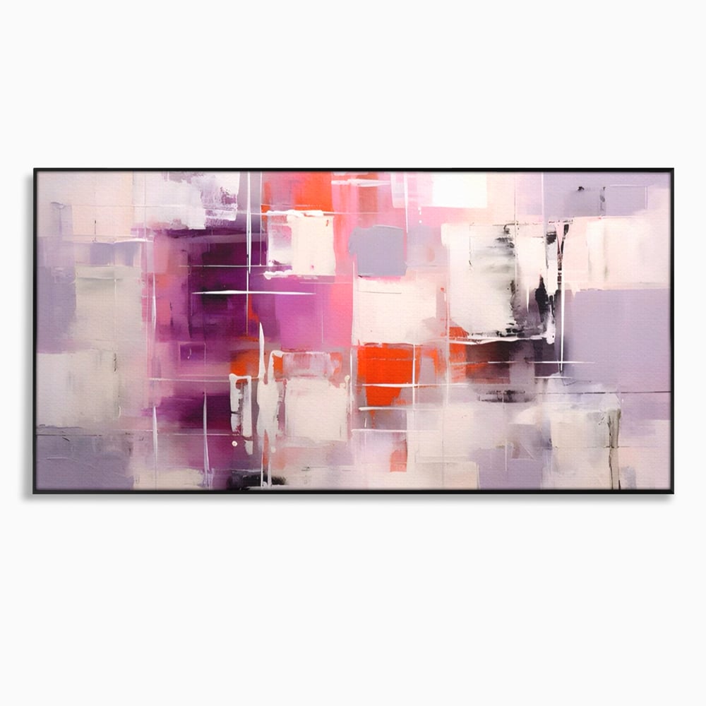 Tablou canvas cu pictura abstracta cu pete mov, in rama de aluminiu negru