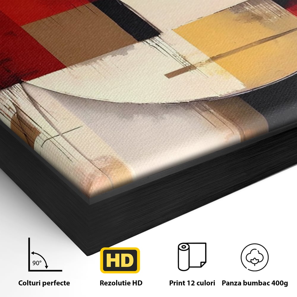 Detaliu al suprafetei: pictura abstracta cu forme geometrice, in rama de aluminiu negru