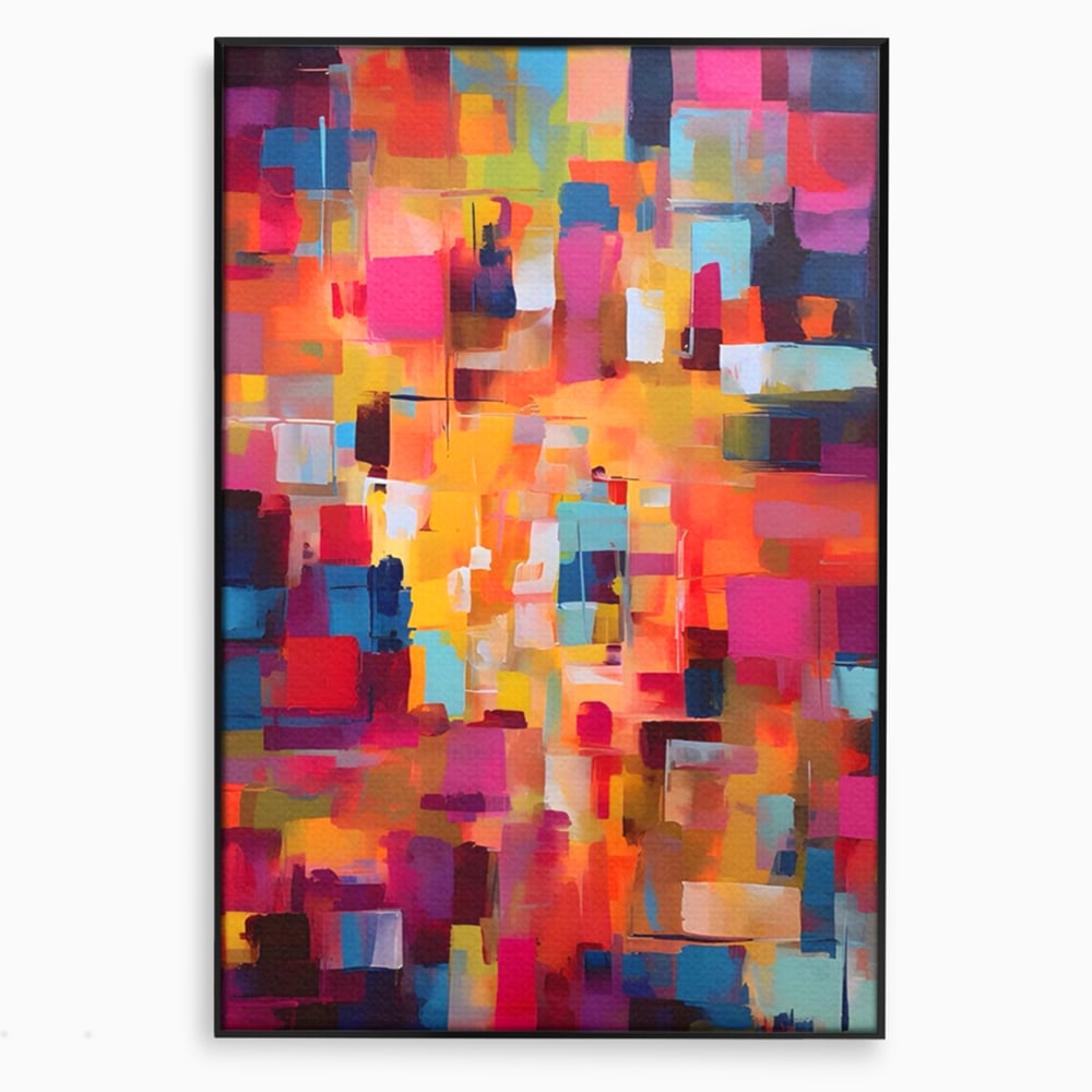Tablou canvas cu pictura abstracta cu blocuri de culoare, in rama de aluminiu negru