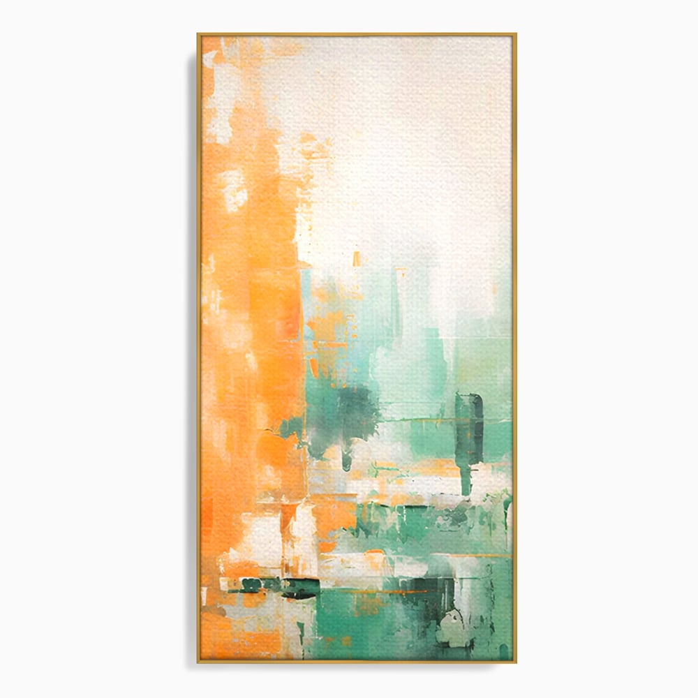 Tablou canvas cu pictura abstracta cu portocaliu si turcoaz, in rama de aluminiu auriu