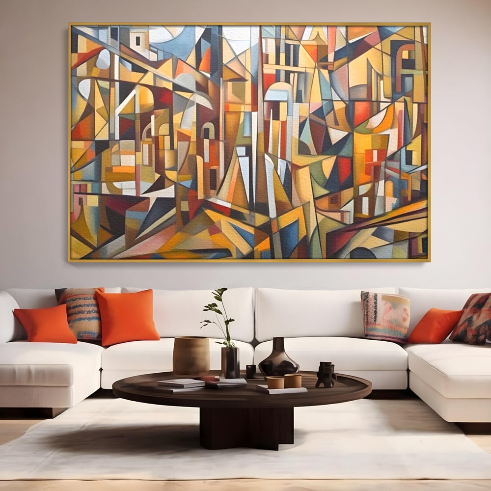 Tablou canvas cu tablou abstract cu peisaj urban, in rama de aluminiu auriu, pe perete intr-un living