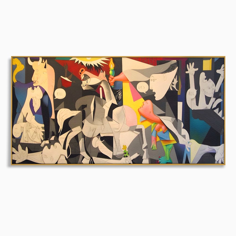 Tablou canvas cu tablou canvas cu reinterpretare dupa guernica, in rama de aluminiu auriu