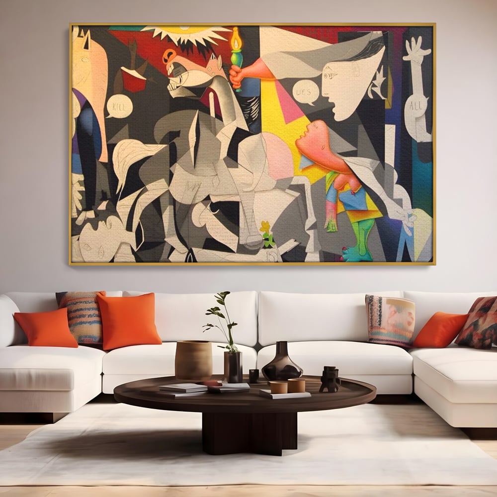 Tablou canvas cu tablou canvas cu reinterpretare dupa guernica, in rama de aluminiu auriu, pe perete intr-un living