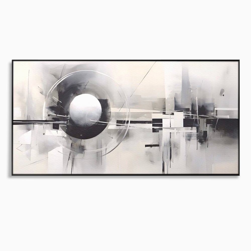 Tablou canvas cu pictura abstracta cu sfera si cercuri, in rama de aluminiu negru