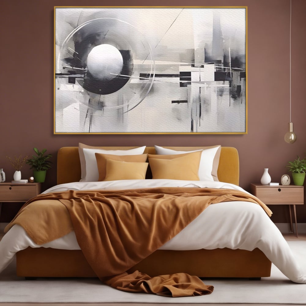 Tablou canvas cu pictura abstracta cu sfera si cercuri, in rama de aluminiu auriu, pe perete intr-un dormitor