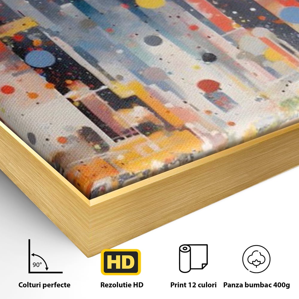 Detaliu al suprafetei: pictura abstracta cu peisaj urban nocturn, in rama de aluminiu auriu