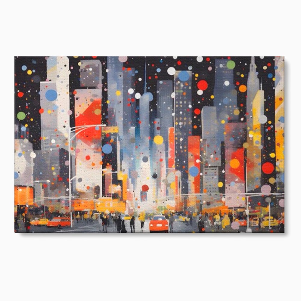 Tablou canvas cu pictura abstracta cu peisaj urban nocturn, fara rama, pe sasiu de lemn
