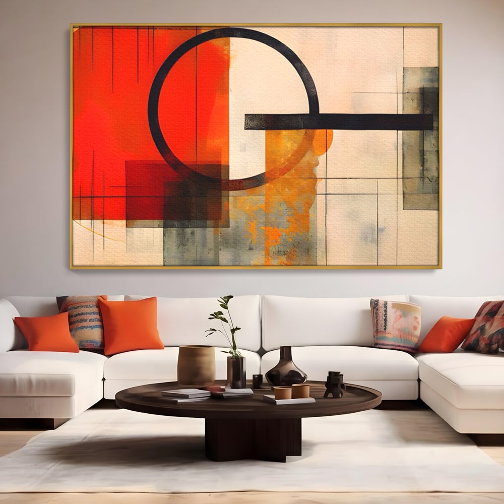Tablou canvas cu tablou canvas cu compozitie abstracta geometrica, in rama de aluminiu auriu, pe perete intr-un living